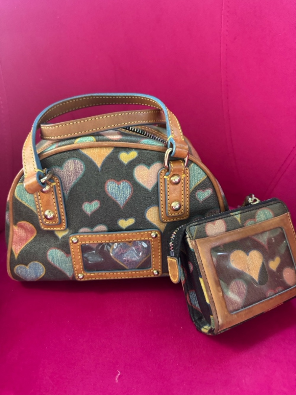 Dooney & Bourke Y2K Heart Print Mini Barrel Bag + Coin Pouch
